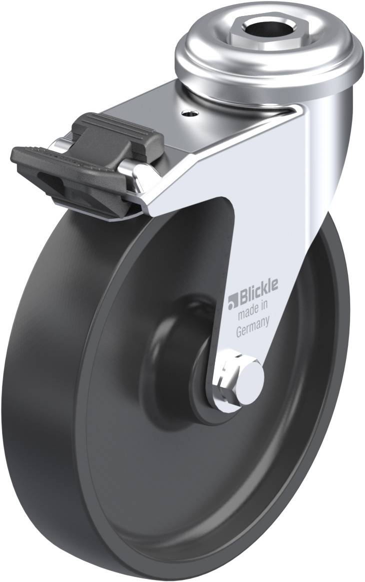 Metall-Rollenrad mit schwarzem Gummireifen, silbernem Gehäuse und Aufschrift 'Blickle made in Germany'.