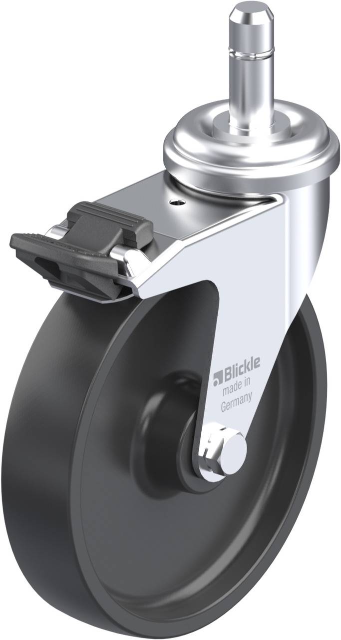 „Blickle“ Schwenkrolle mit Bremse aus Metall und schwarzem Rad, geeignet für Möbel oder Transportgeräte.