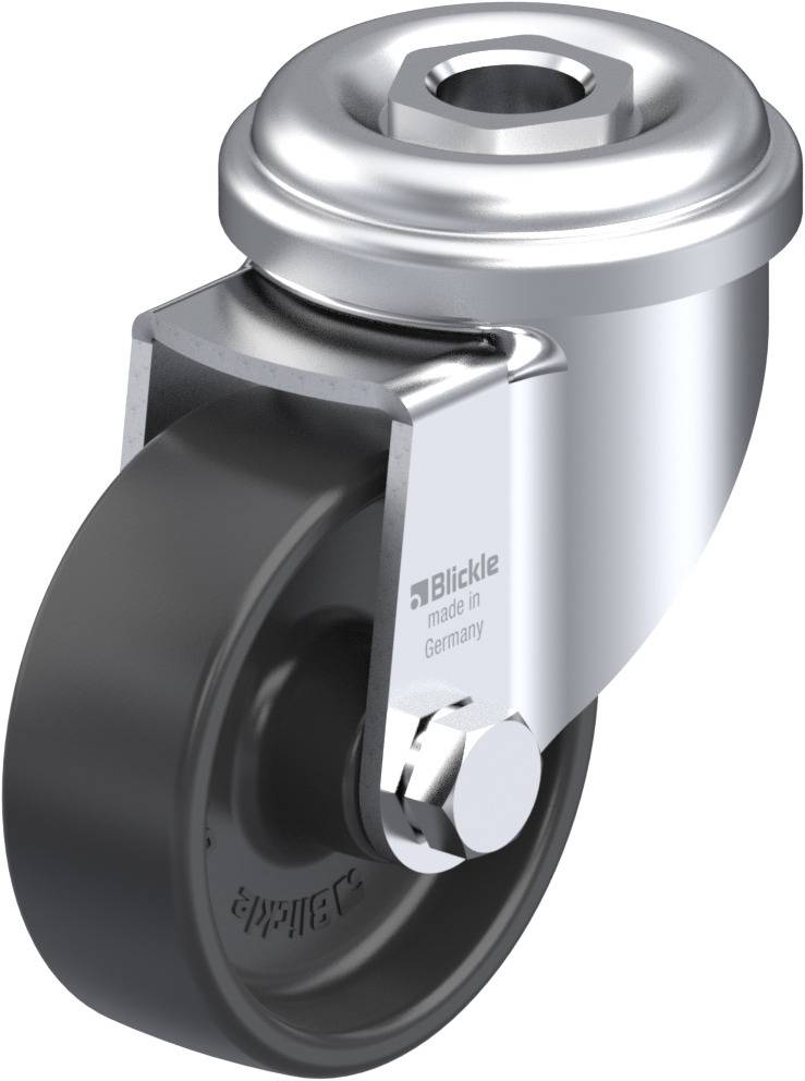 Drehbares Rad mit grauer Gummilauffläche und glänzender Metallhalterung; Aufschrift 'Blickle, made in Germany' sichtbar.