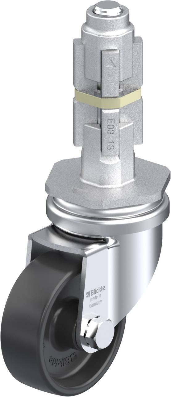 Eine robuste Transportrolle mit grauem Kunststoffrad und silbernem Metallgehäuse, geeignet für Industrieanwendungen.