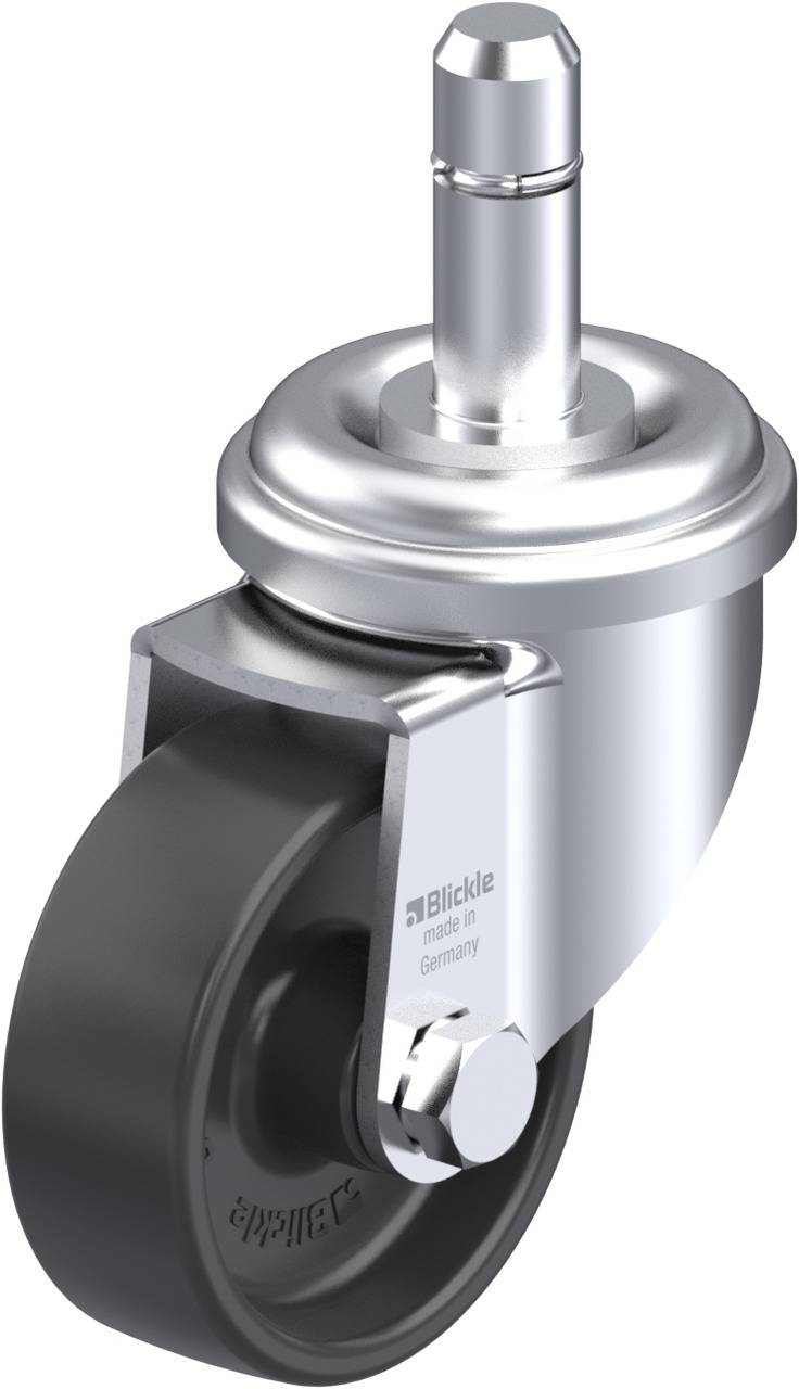 Drehbares Transportgeräterad mit schwarzem, gummiertem Rad und silbernem Gehäuse, Stift für Befestigung an Möbel oder Geräte.