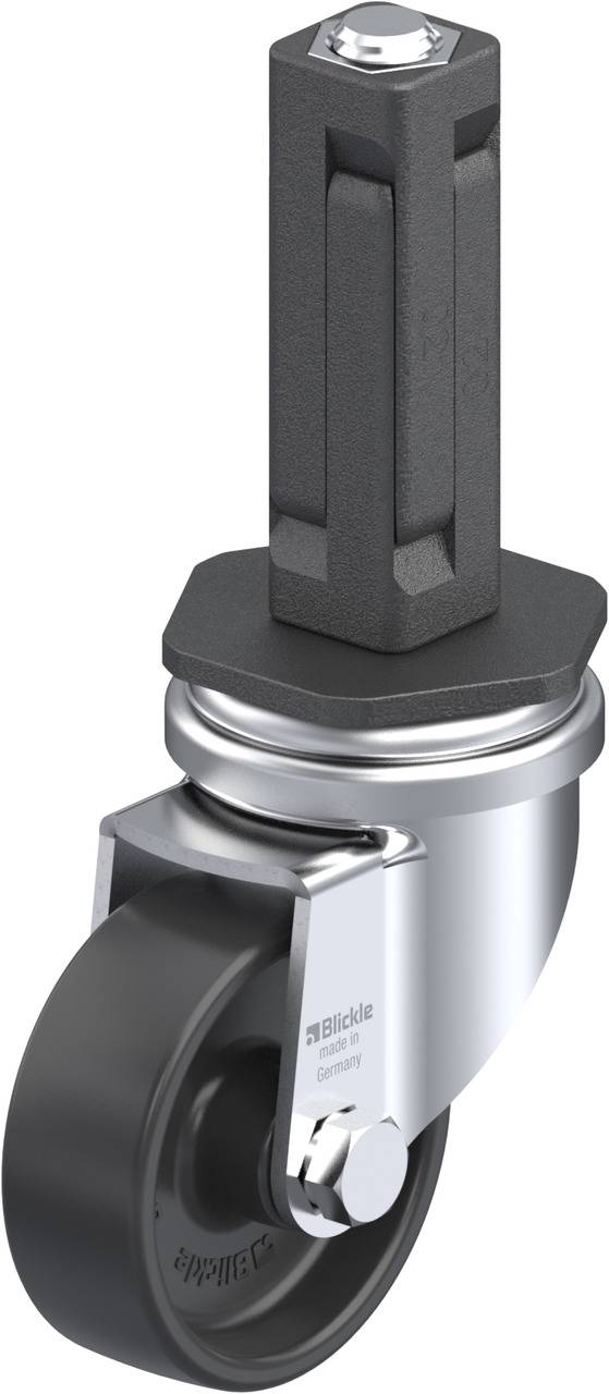 Eine drehbare Lenkrolle mit einem schwarzen Kunststoffrad und einem rechteckigen Befestigungsstift aus Metall.