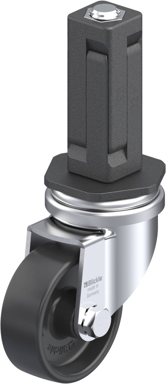 Metallisches Möbel-Lenkrollensystem mit schwarzem Rad und eckigem Steckzapfen. Geeignet für Industriezwecke.