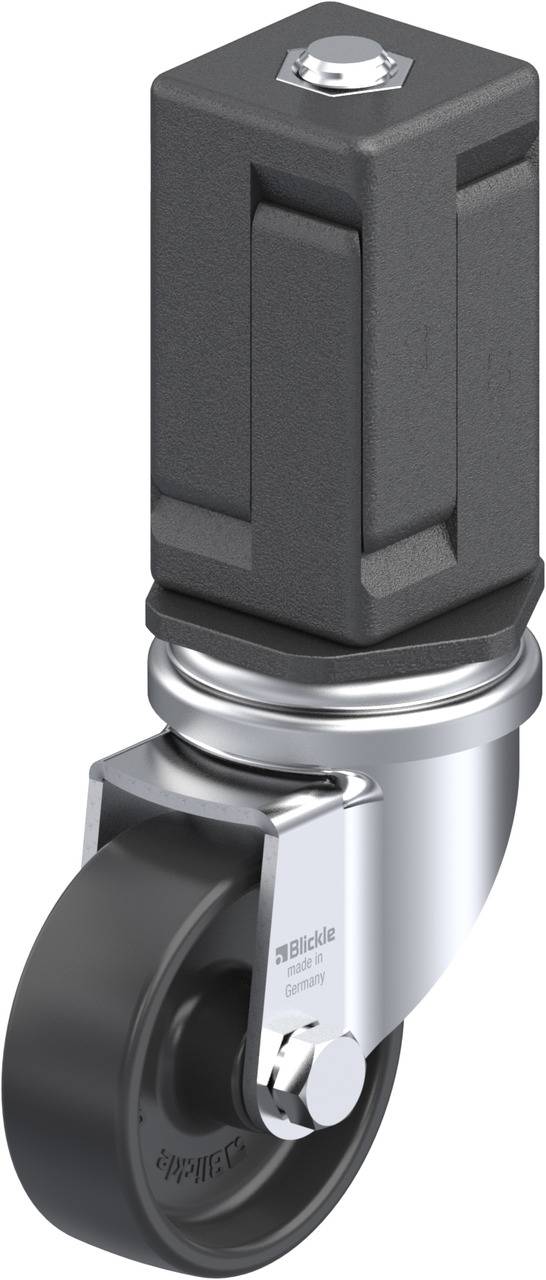 'Schwenkrolle mit quadratischem, schwarzem Gehäuse und glänzendem Metallgelenk. Kunststoffrad unten. Gebrandet mit 