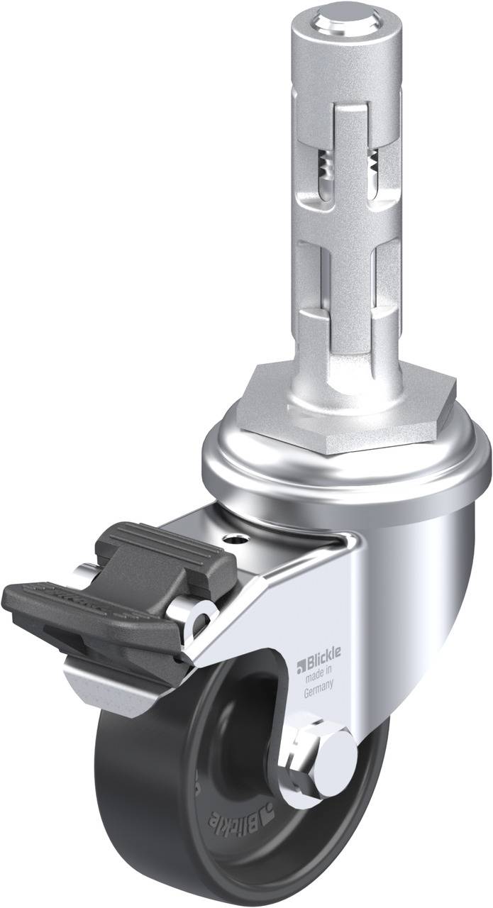 Lenkrolle mit silbernem Gehäuse und schwarzem Kunststoffrad. Sie verfügt über eine Bremse und ist zur Befestigung an einem Gerät geeignet.