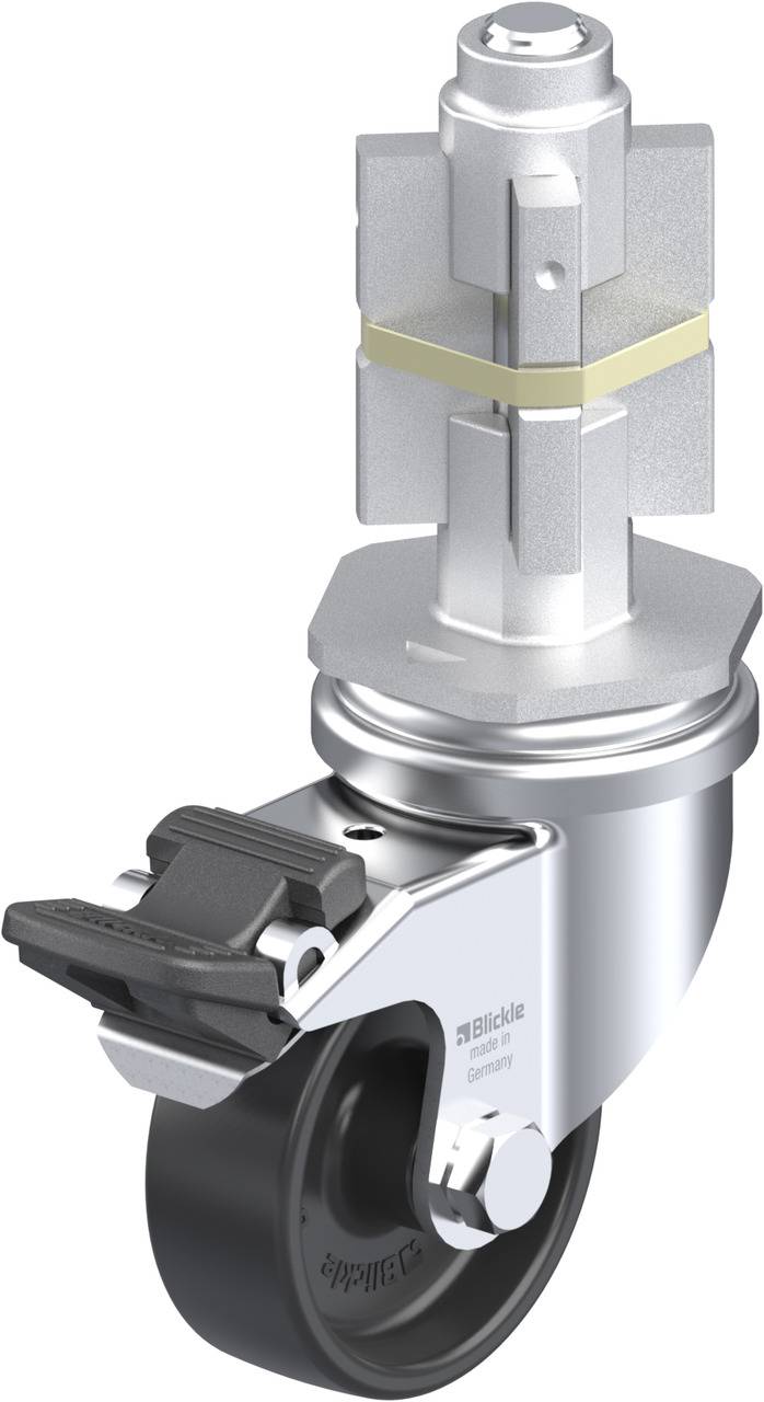 Eine silberne Schwerlast-Lenkrolle mit schwarzem Rad und Bremse, geeignet für industrielle Anwendungen.