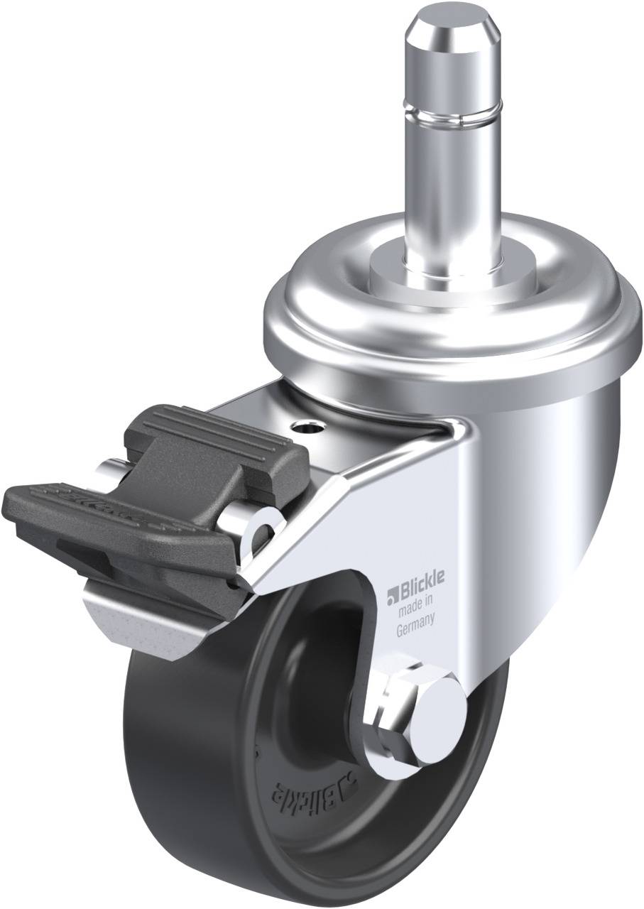 Schwenkrolle aus Metall mit schwarzem Rad und Feststellbremse, geeignet für den Einsatz in Möbelstücken oder Industrieausrüstung.