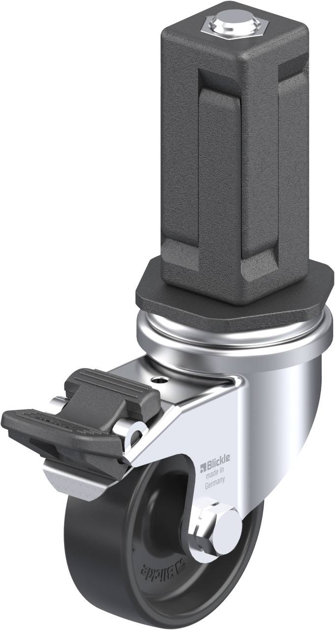 Industrielle Lenkrolle mit Befestigungselement und Bremse, schwarzes Rad, geeignet für schwere Lasten und vielseitige Einsatzbereiche.