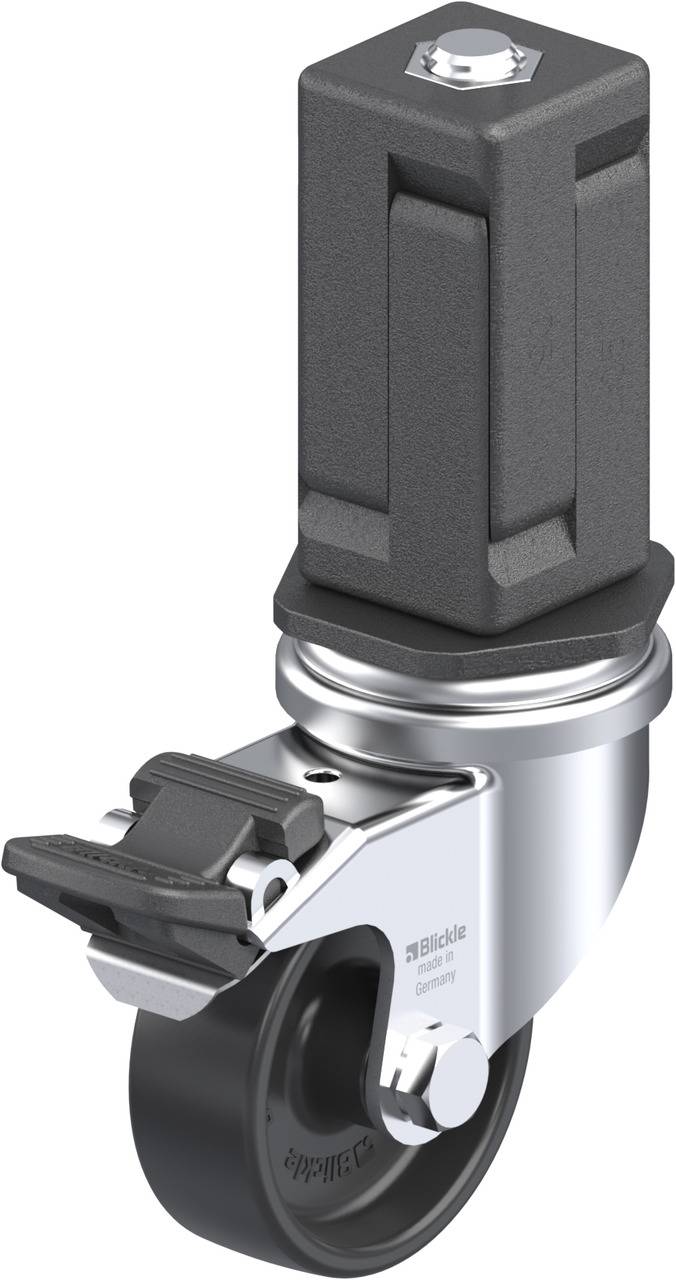 Eine industrielle Lenkrolle mit einem rechteckigen, schwarzen Gehäuse und einem schwarzen Rad, montiert auf einer silbernen Halterung.