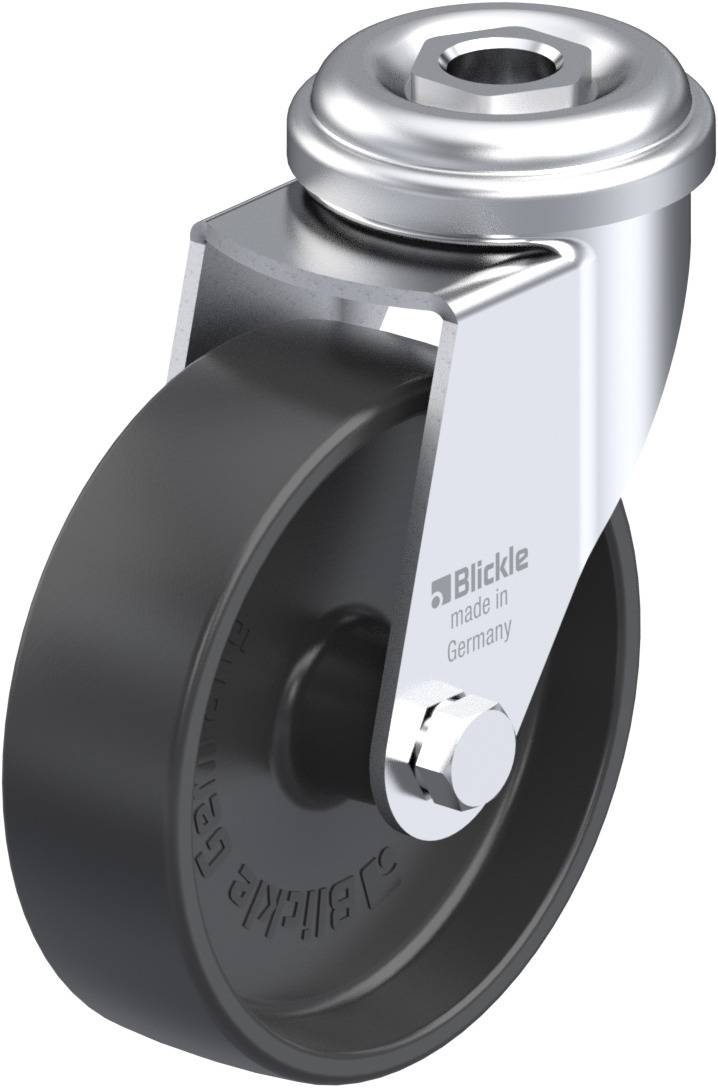 Lenkrolle mit robustem Rad aus schwarzem Kunststoff und glänzendem Metallgehäuse, geeignet für industrielle Anwendungen.