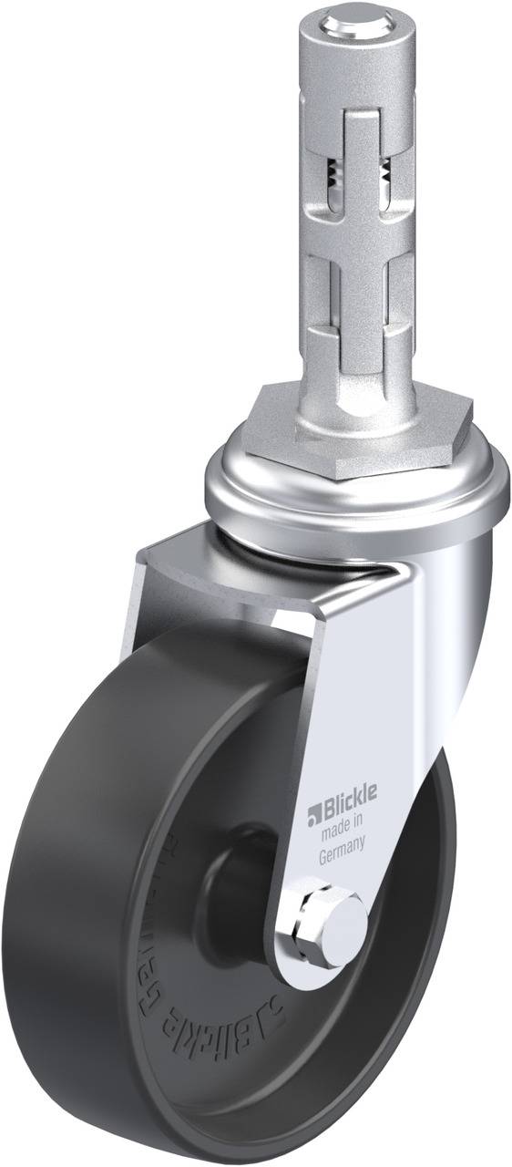 Ein drehbares Rad mit Halterung, geeignet für Möbel oder kleine Geräte. Das Rad ist schwarz, die Halterung aus Metall.