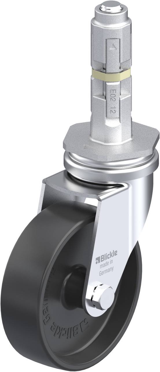 Eine schwarze Lenkrolle mit silbernem Metallgehäuse und Aufschrift 'Blickle/ made in Germany', geeignet für Mobilität in Geräten.