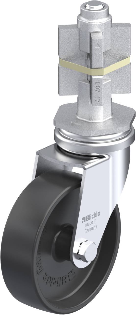 Schwenkrolle aus Metall mit schwarzem Rad, einem Befestigungsstift oben und graviertem Markennamen auf der Seite.