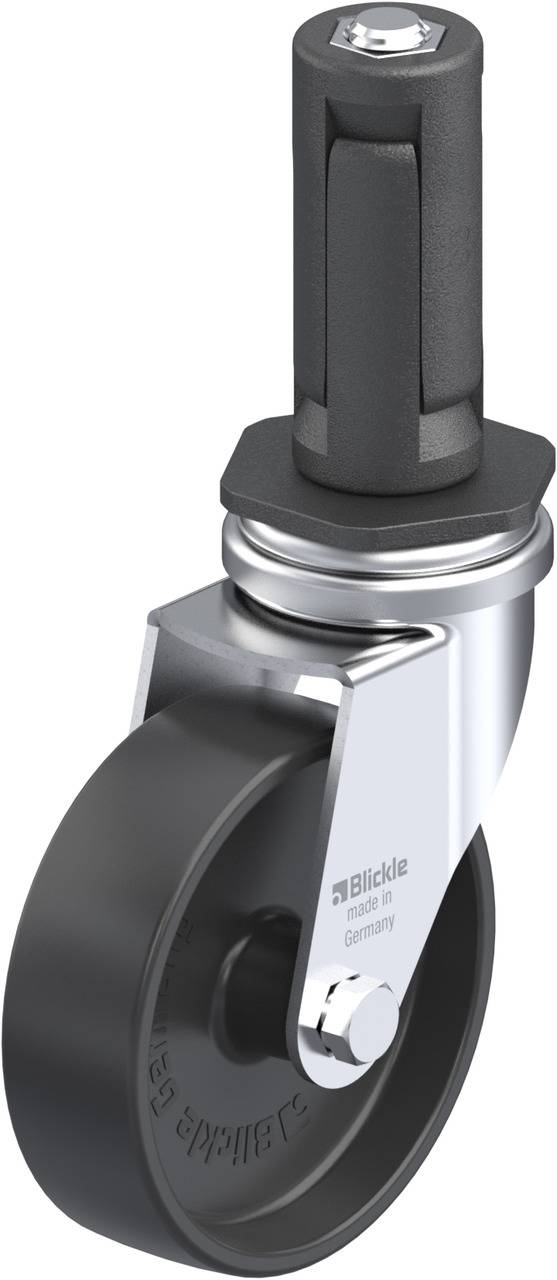 Ein schwarzes und silbernes Rad mit Befestigungsmechanismus der Marke 'Blickle'.