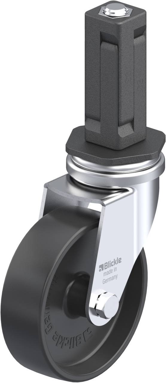 Ein einzelnes schwarzes Rad mit einem silbernen Metallgehäuse und einem rechteckigen Befestigungsstift oben.