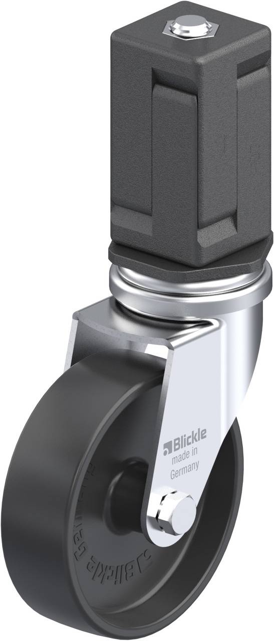 Industrie-Schwenkrolle mit schwarzem Rad und Metallgehäuse. Aufdruck: 'Blickle made in Germany'. Geeignet für Möbel oder Geräte.