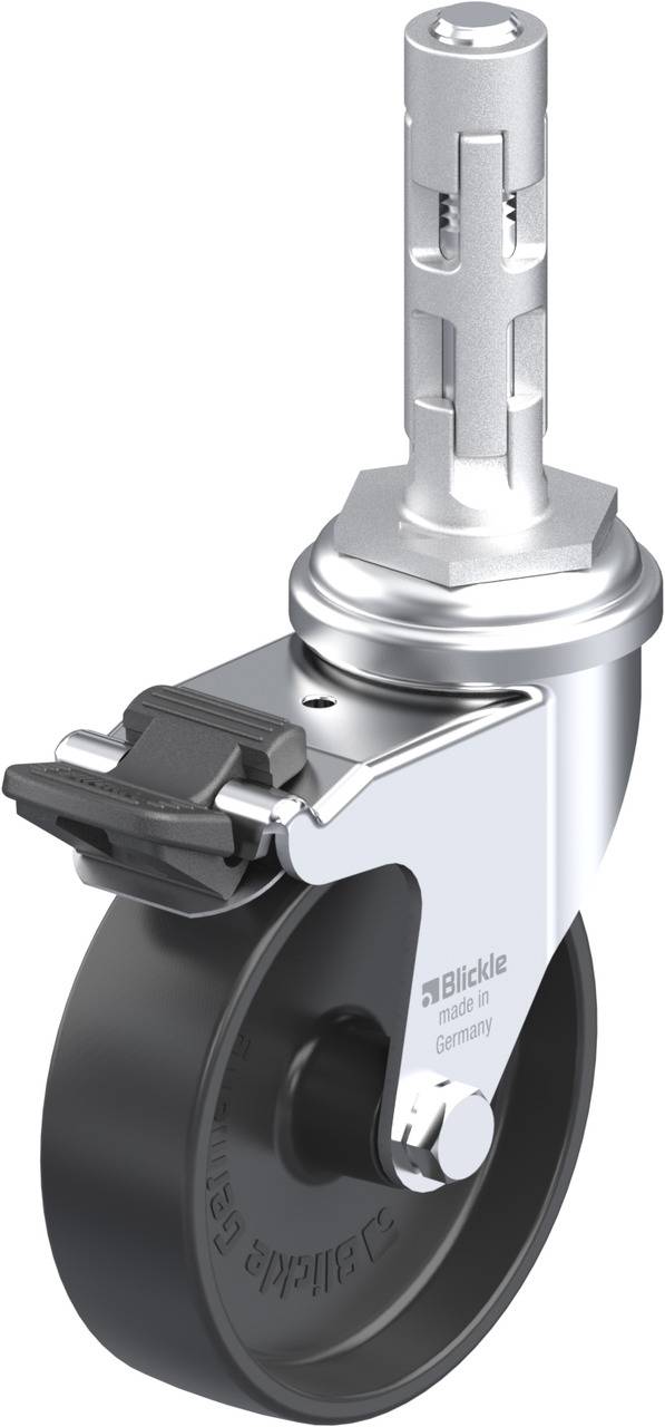 Drehbares Transportlenkrad mit schwarzem Rad und silberner Befestigung. Geeignet für Rollmöbel oder industrielle Anwendungen. Markenname sichtbar.