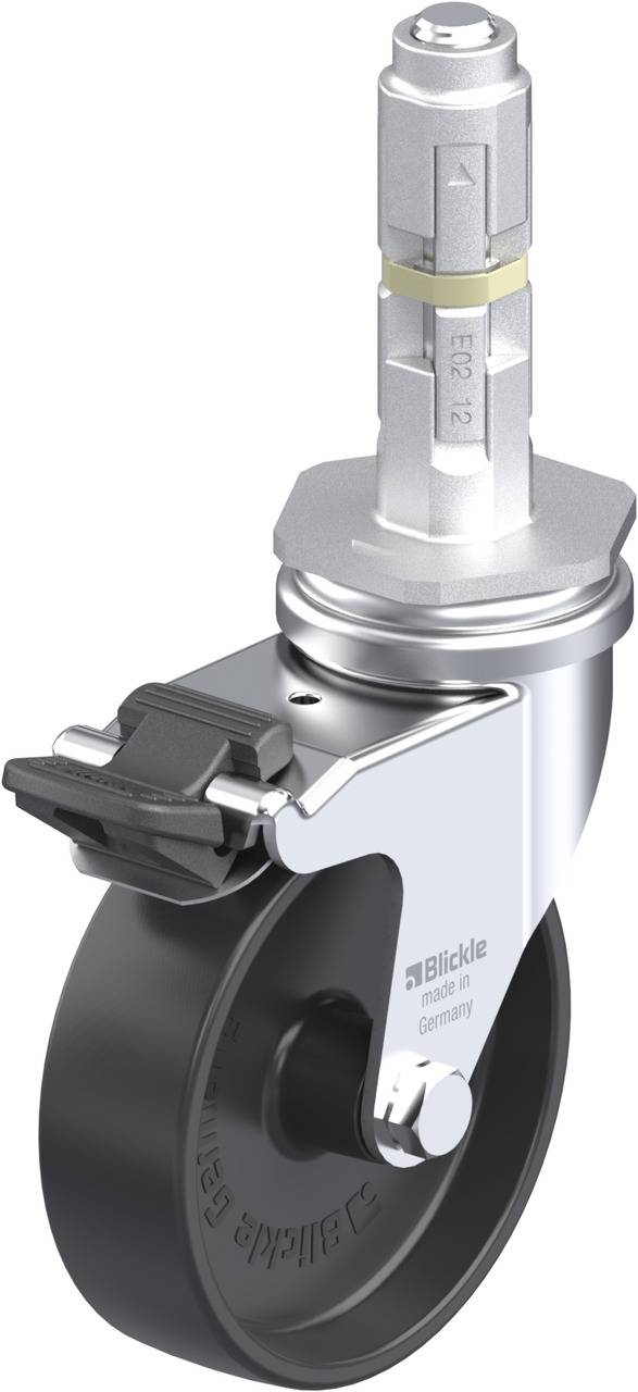 Industrie-Lenkrolle mit schwarzem Rad und silbernem Gehäuse, seitlichem Bremspedal und senkrechtem Befestigungszapfen.