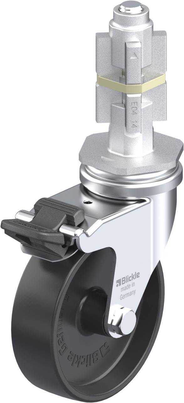 Das Bild zeigt eine schwarze Industrielenkrolle mit einem silbernen Metallgehäuse und einer Bremse. Oben befindet sich ein Metallstift zur Befestigung.