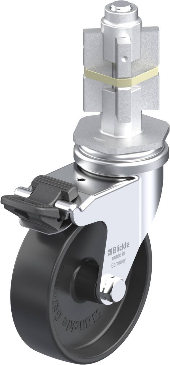 Lenkrolle mit Metallhalterung und Kunststoffrad, Aufschrift 'Blickle Made in Germany'.