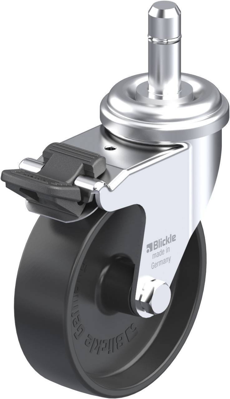 Rolle aus Metall und schwarzem Kunststoff mit Bremsmechanismus, geeignet für Möbelfüße. Text auf Rolle: 'Blickle made in Germany'.