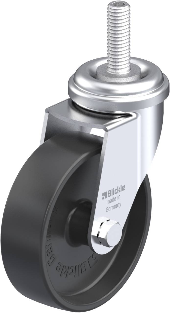Schwenkrolle mit schwarzem Rad und silbernem Gehäuse. Enthält Bolzen zur Befestigung. Aufdruck 'Blickle Made in Germany'.
