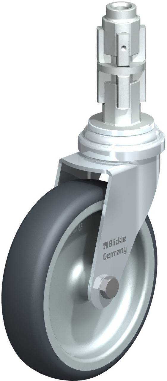 Industrie-Rad aus Metall und Gummi mit drehbarem Gehäuse, für den Einsatz an Transportgeräten konzipiert, Markenaufdruck sichtbar.