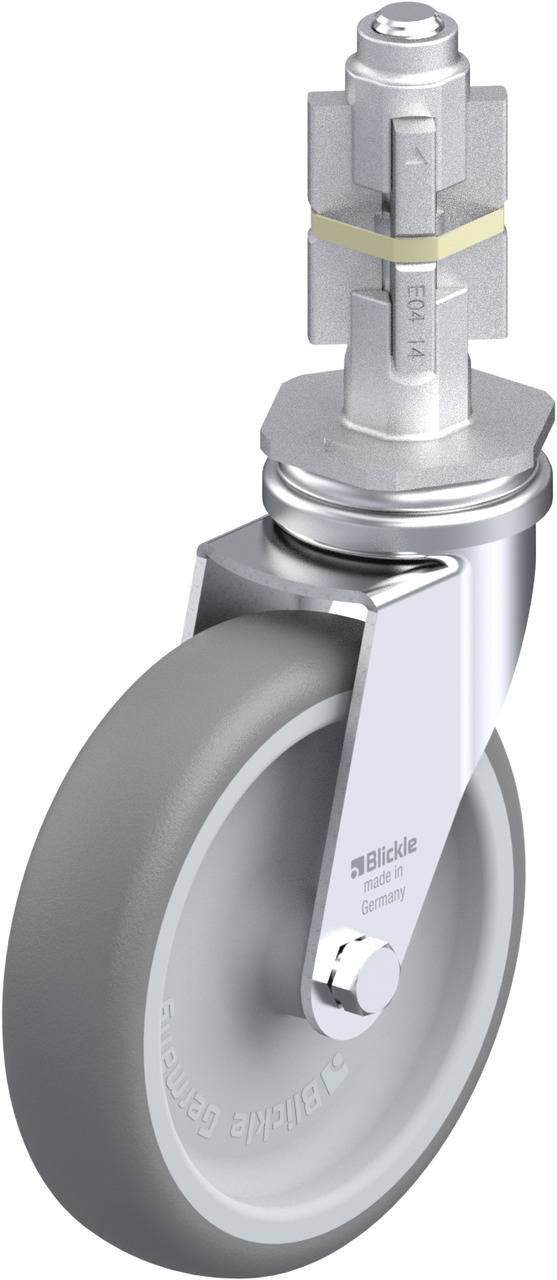 Grau-gummiertes Schwenk- und Bockrolle mit Metallgehäuse, geeignet für Transportwagen und Möbel. Maximale Belastbarkeit 150 kg.