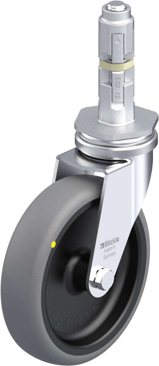 Abgebildet ist eine graue Lenkrolle mit grauem Rad und Befestigungsstift.