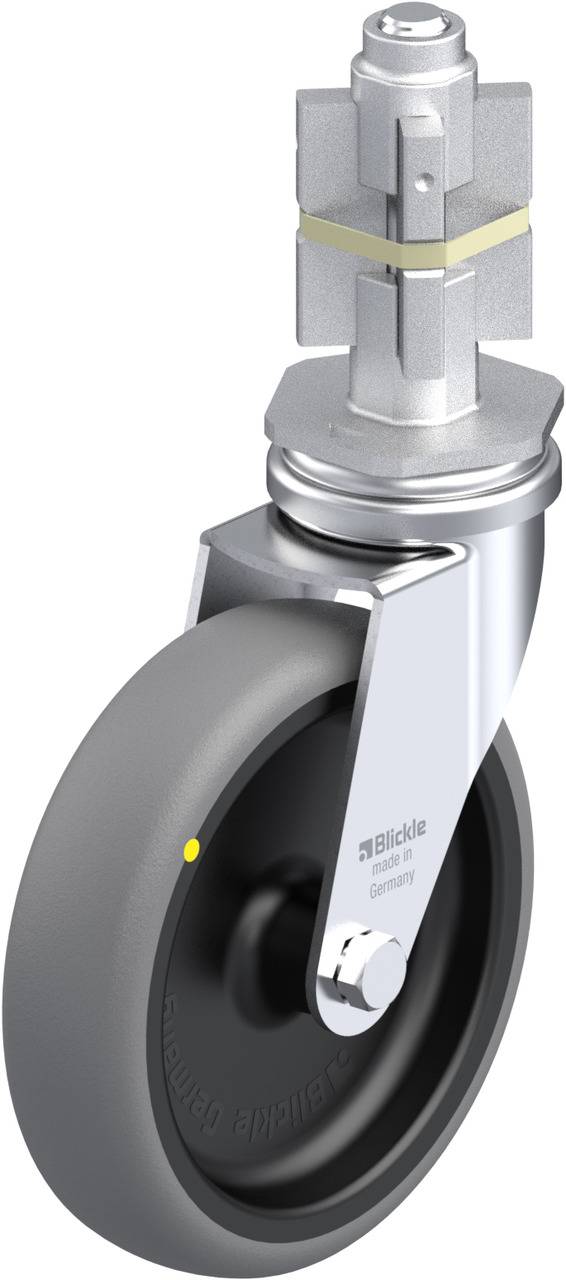 Industrie-Rollenrad mit grauer Gummibereifung und stabilem Metallgehäuse. Oberteil aus Metall mit Schraubanschluss.