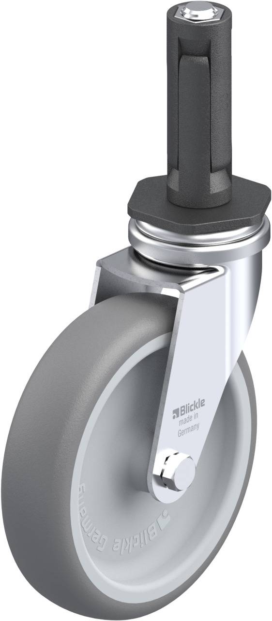 Ein einzelnes graues Rad mit schwarzer Halterung, entworfen für Möbel oder Transportgeräte, robust und drehbar für einfache Bewegung.