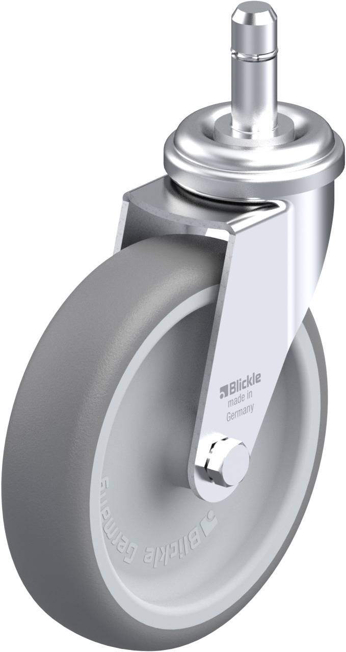 Graues Rad mit Metallhalterung, ausgestattet mit Drehverschluss. Die Aufschrift 'Blickle made in Germany' ist sichtbar.