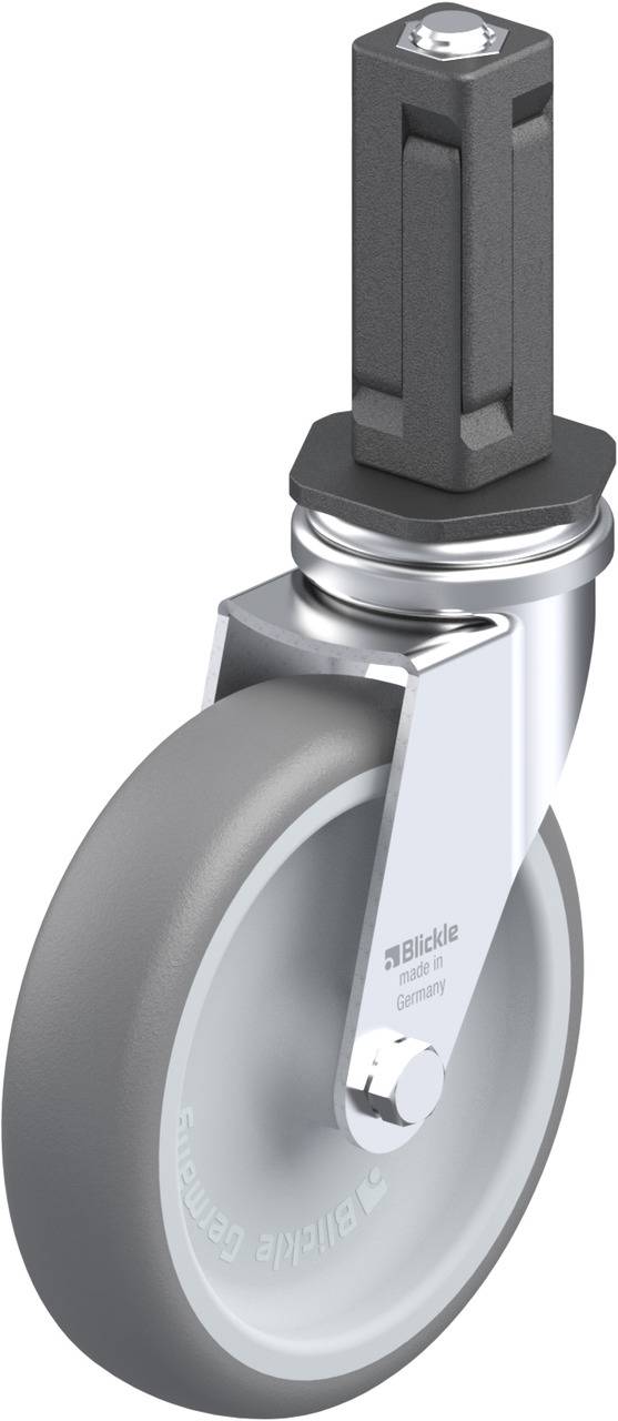 Grau-weiße Lenkrolle mit Metallhalterung und einem rechteckigen Stift oben.