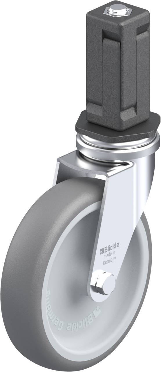 Graue Lenkrolle mit Befestigungselement aus Metall. Geignet für Möbel oder Transportwagen. Markenschriftzug auf der Rolle.