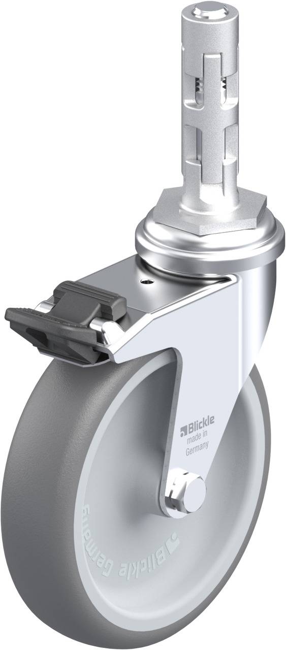 Metalllenkrolle mit grauem Rad und Bremse, geeignet für medizinische Geräte, Bodenmarke 'Blickle Germany'.