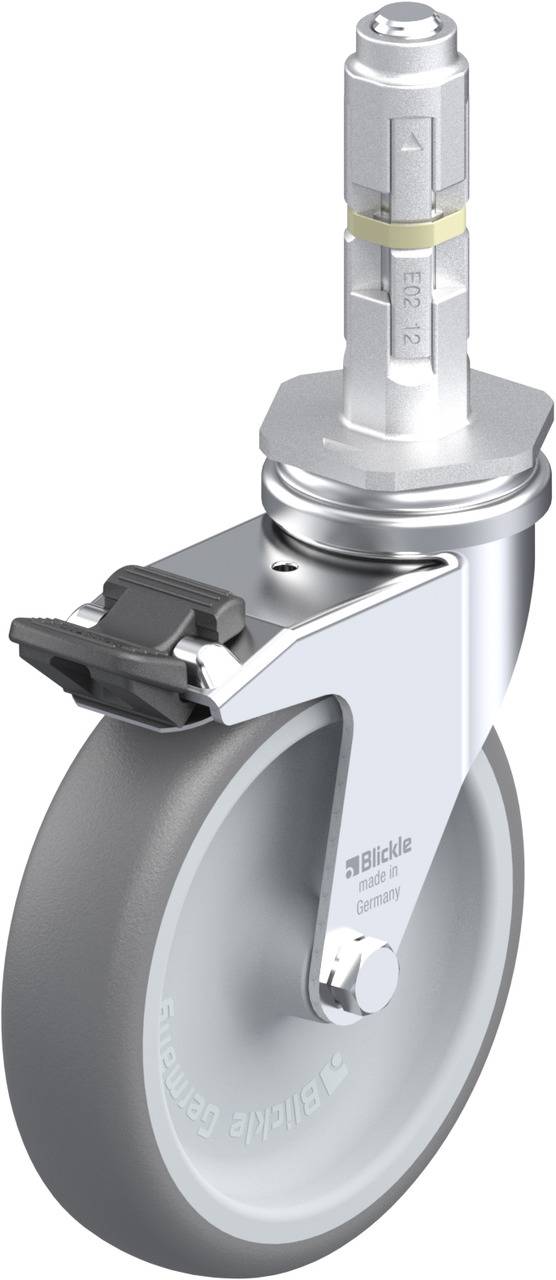 Rolle mit grauem Rad und Metallhalterung. Oben ist ein Gestänge zur Befestigung. Markierung 'Blickle Germany' auf der Halterung.