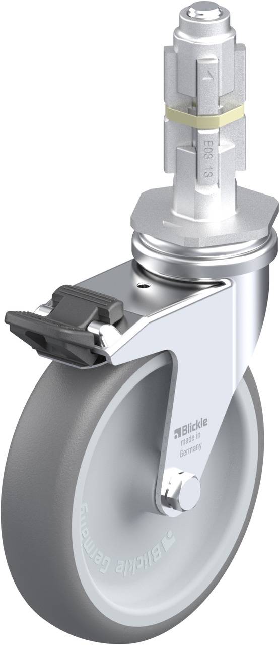 Eine graue Lenkrolle mit Bremse und silbernem Gehäuse, geeignet für Industrieanwendungen.