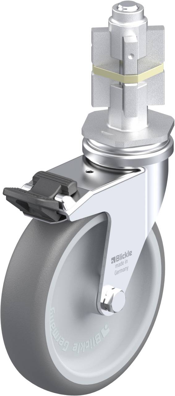 Schwenkrolle aus Metall und Kunststoff mit Bremse, geeignet für Industrieanwendungen; zeigt Robustheit und Mobilität.