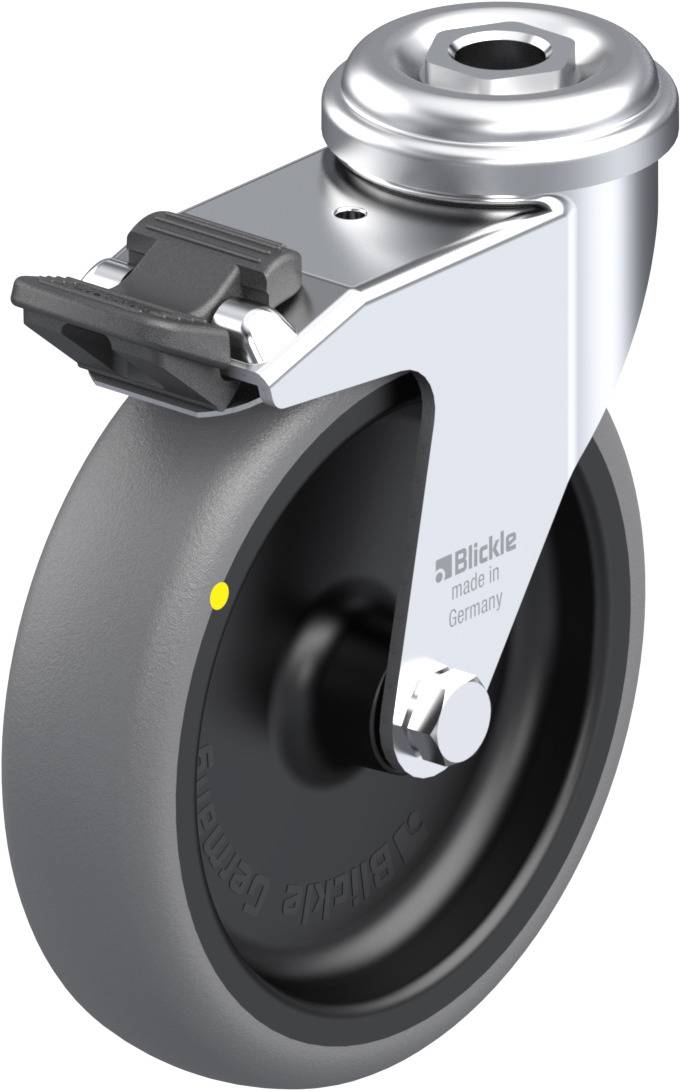 Industrie-Lenkrolle mit grauem Rad, silbernem Gehäuse und Bremse, hergestellt in Deutschland.