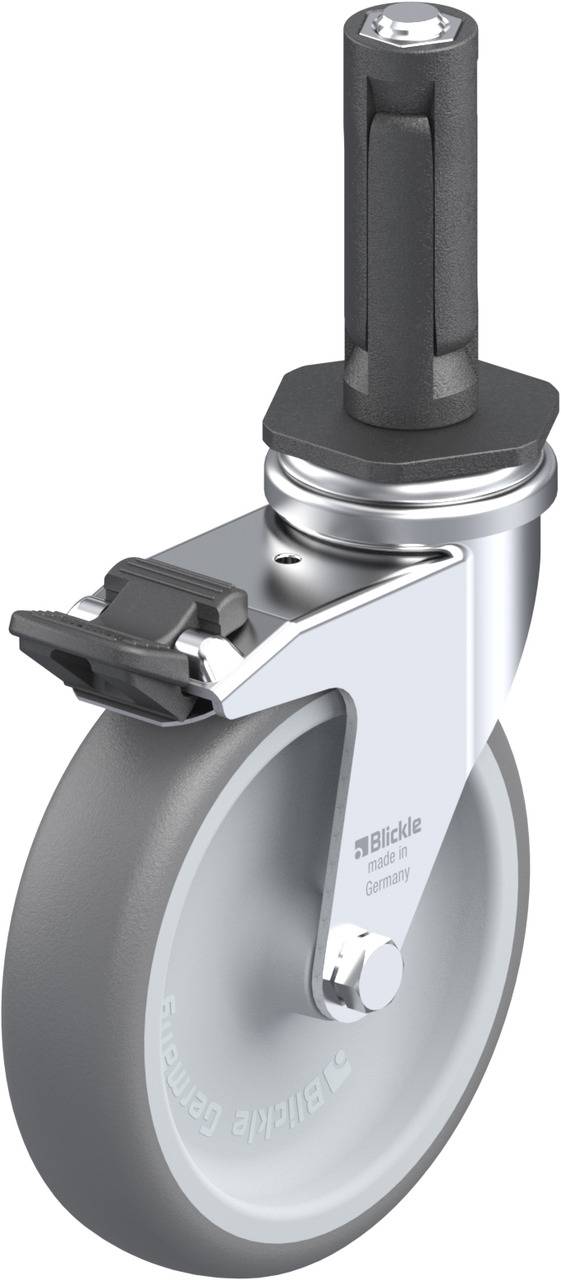 Grau-gummiertes Lenkrad mit Befestigungsstange und Bremse, geeignet für Möbel oder Industrieanwendungen.