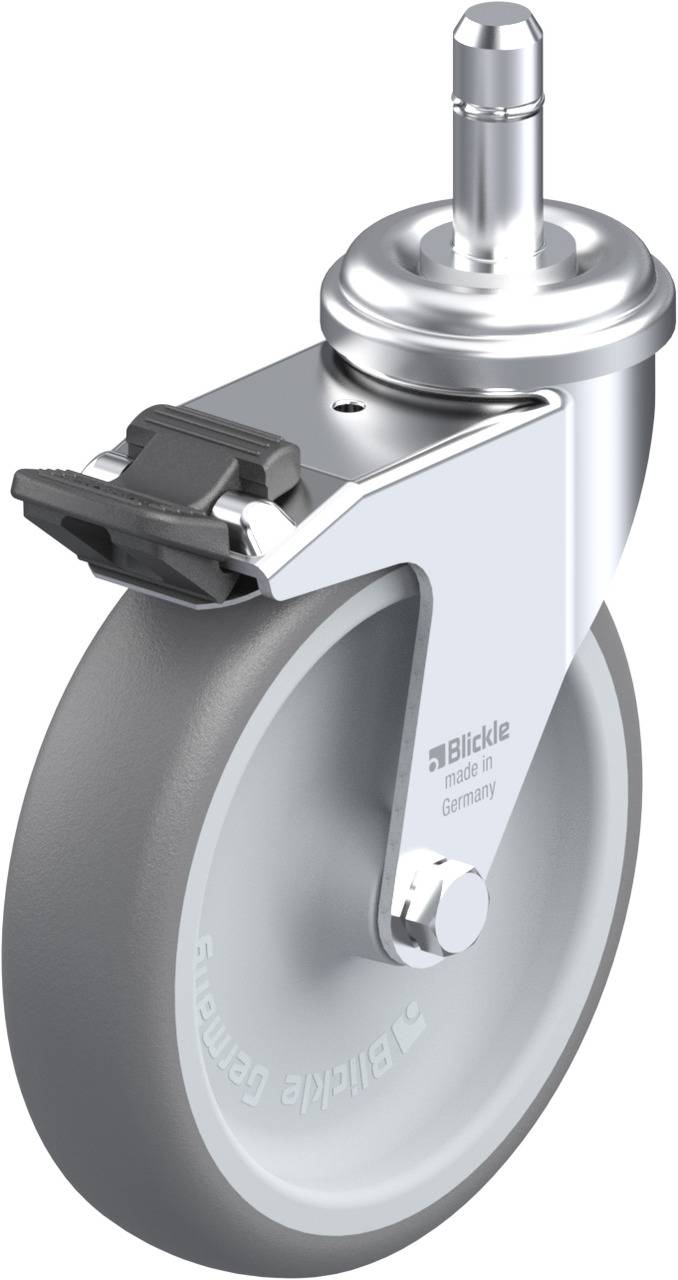 Grau-schwarzes Laufrollenrad mit Metallhalterung und Bremse, seitlich gesehen; dient zur Mobilität von Möbeln oder Geräten.