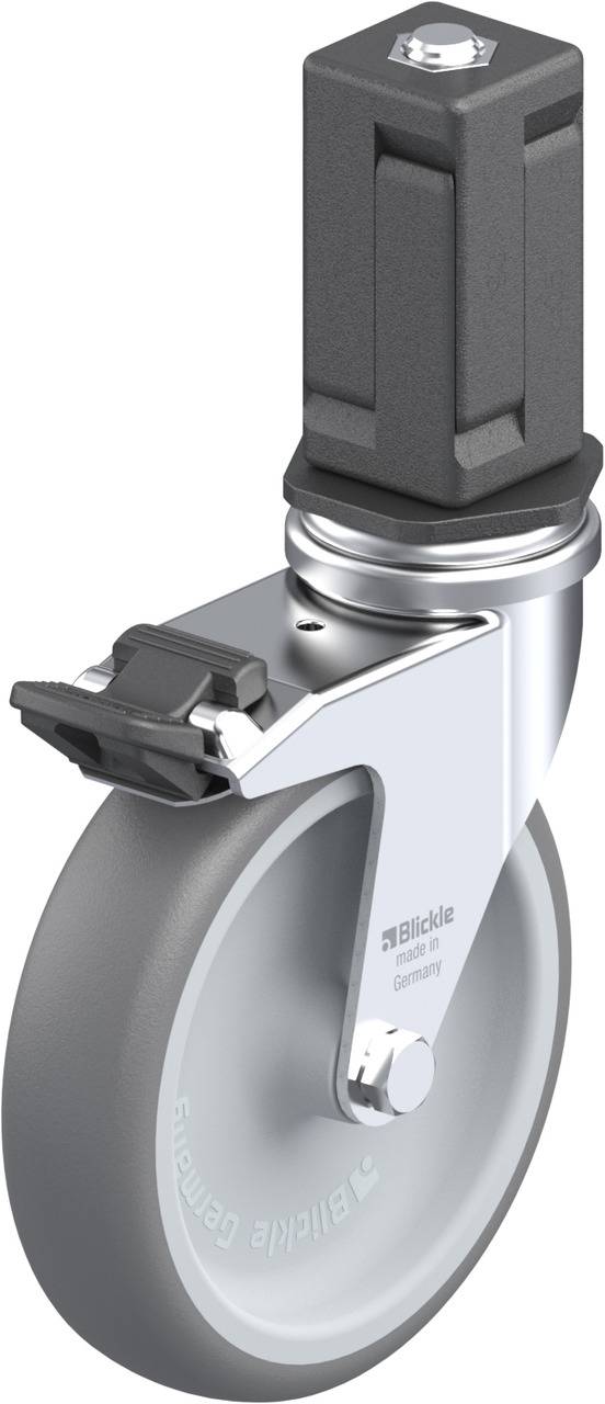 Schwenkrolle mit grauem Rad, Metallgehäuse und rechteckigem Befestigungselement. Geeignet für schwere Lasten und industrielle Anwendungen.