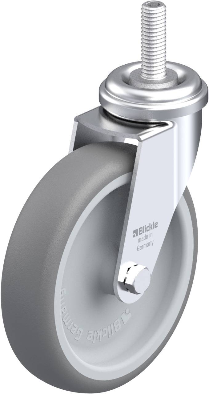 Metallenes Lenkrollenrad mit grauem Gummiband und Gewindestift oben. Markierung 'Blickle' und 'Made in Germany' sichtbar.