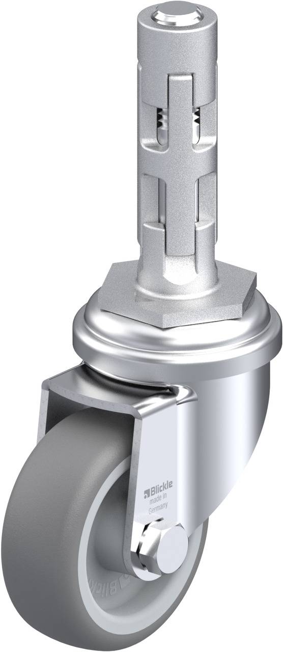 Graue Lenkrolle mit glänzendem Metallgehäuse und Bolzen zur Befestigung an Möbelstücken oder Geräten.