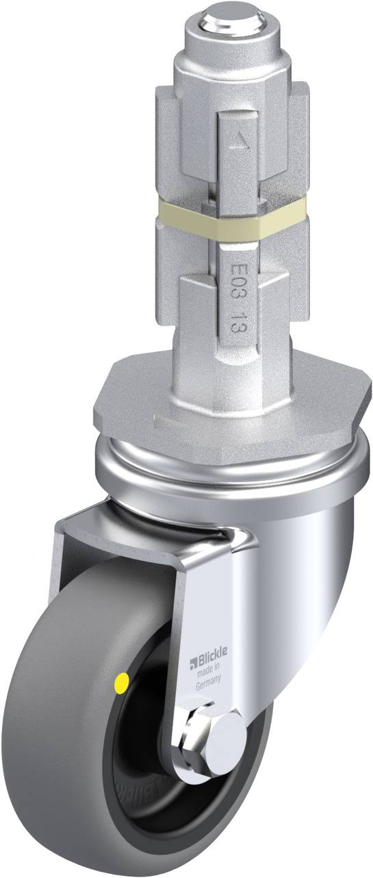 Drehbares Transport-Rad mit grauer Gummibereifung und silbernem Metallgehäuse. Geeignet für industrielle Anwendungen.