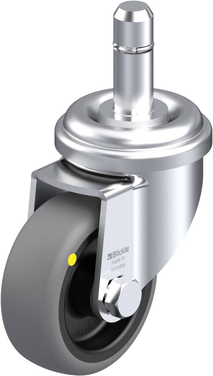 Ein drehbares Gehäuse-Rad aus Metall mit grauem Rad und Stiftbefestigung, geeignet für industrielle Anwendungen oder Möbel.