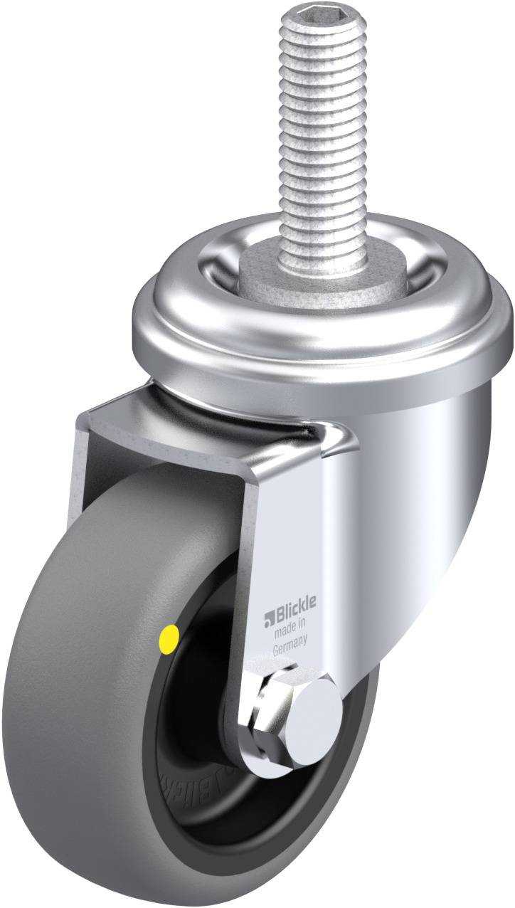 Industrierolle mit grauem Rad und Gewindestift zur Befestigung, geeignet für Möbel und Geräte. Hochwertiges, stabiles Design für glatten Lauf.