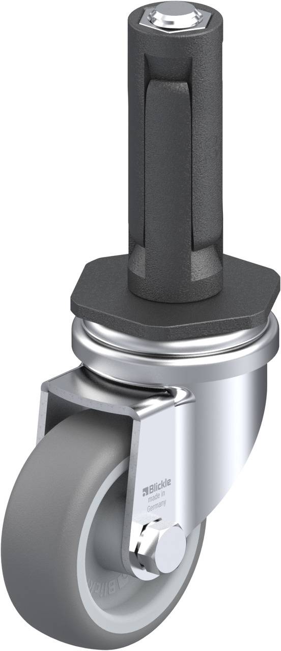 Drehrolle mit grauem Rad und schwarzem Montageelement, geeignet für den Einsatz in Möbeln oder Geräten zur Verbesserung der Mobilität.