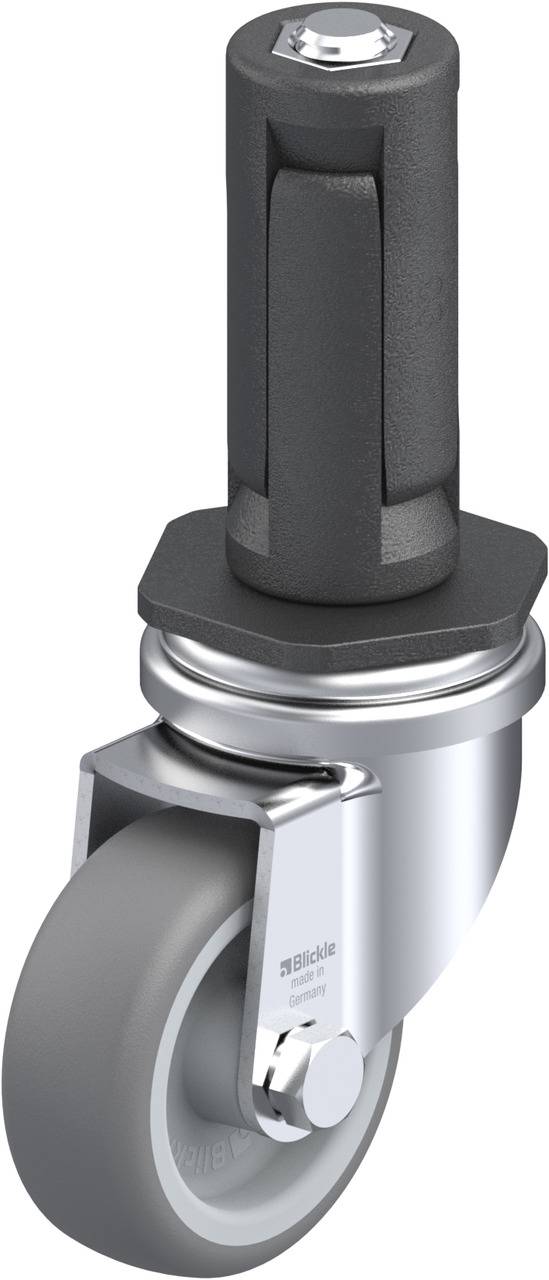 Graue Lenkrolle mit Befestigungsstift und Gehäuse aus verchromtem Metall. Ideal für den Einsatz an Möbeln oder Geräten.
