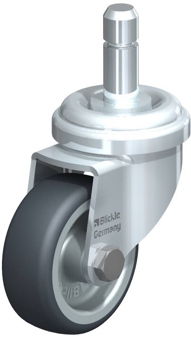 Ein drehbares Rollenrad aus Metall mit grauem Rad, geeignet für Möbel oder industrielle Anwendungen, hergestellt von einem deutschen Unternehmen.